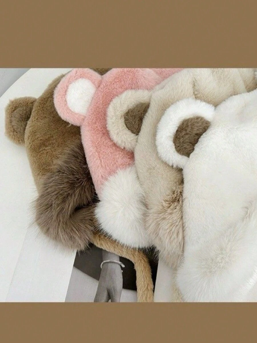 1 件女士羊毛护耳帽，带熊耳朵设计，秋冬款 - 彩色 - 查看 1