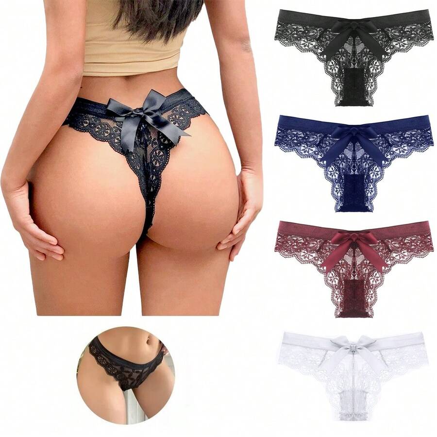 4 piezas de bragas sexy para mujer tanga de encaje bragas maduras con lazo - Multicolor - Ver 1