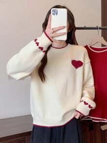 圆领宽松心形设计撞色毛衣，女式秋冬装，圣诞节毛衣，日常，约会，长袖上衣，可爱 - 杏色 - 查看 9