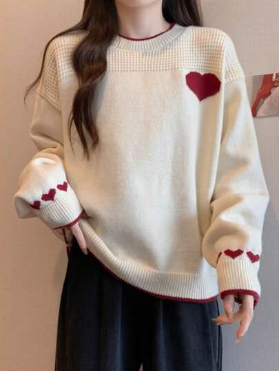 Crew Neck Loose Fitting Heart Design Contrast Color Sweater For Women, Fall/Winter, For Christmas Sweater, Daily, Dating, Long Sleeve Tops,Cute