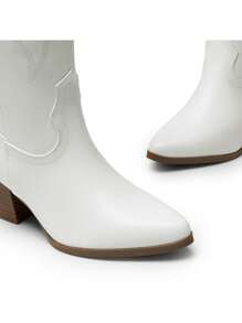 Embroidered Western Boots For Women Comfortable Chunky Heel Pull On Zipper Pointed Toe Knee High Boots Vintage Cowgirl Cowboy Ridding Vacation Boots - 白色-PU - 查看 8