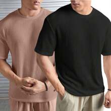 Kit 2 Oversized Casual Basic Plain Straight T-Shirt Caramel/Multicolor - 黑色 - 查看 1