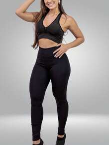 Kit 2 Calça Legging Fio Duplo Lisa Basica Cos Alto Zero Transpareancia Confortavel Alta Elasticidade Tamanho Pequeno E Grande Academia - Cinza - Visão 6