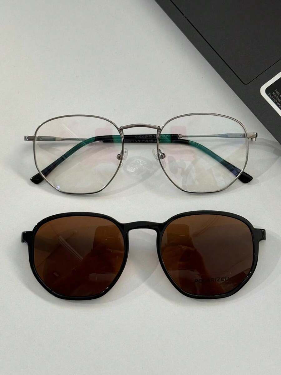 Unisex 2 In 1 Clip-On Hexagonal Glasses Frame Polarized Lens - 淺灰色 - 查看 1