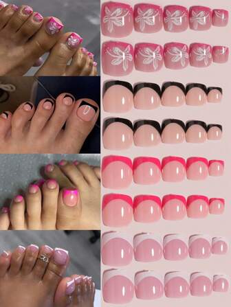 VV MEI JIA ER 96 piezas (Francés negro/Francés blanco/Flor/Francés rojo rosa) Uñas postizas cuadradas cortas para los dedos de los pies, diseño francés, uñas postizas completas para los pies, 4 uñas postizas brillantes para los dedos de los pies, juego de arte de uñas falsas de diseño francés para el verano para mujeres y niñas con caja de almacenamiento reutilizable