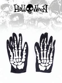 1pair Halloween Scary White Skull Gloves, Halloween Costume Props, Stage Makeup Costumes