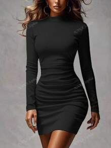 Vestito a collo alto a maniche lunghe midi aderente in colore unito, stile minimal, per donna