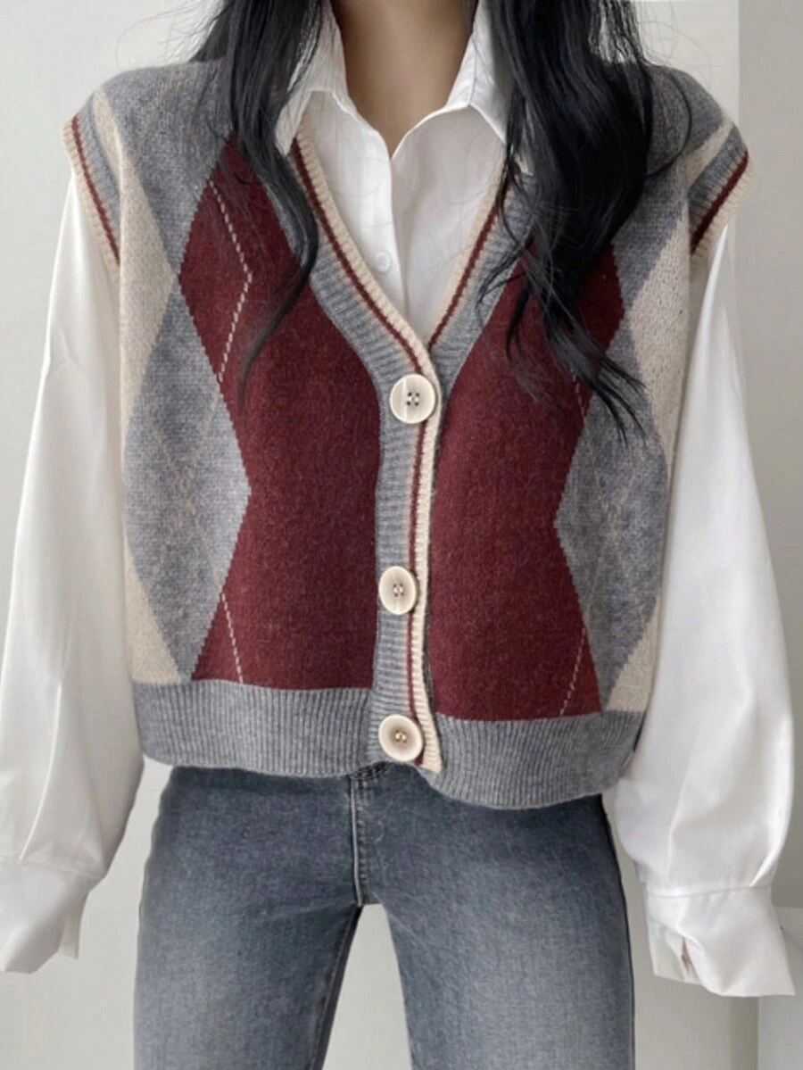 复古学院风拼色菱形图案针织背心（不含衬衫）