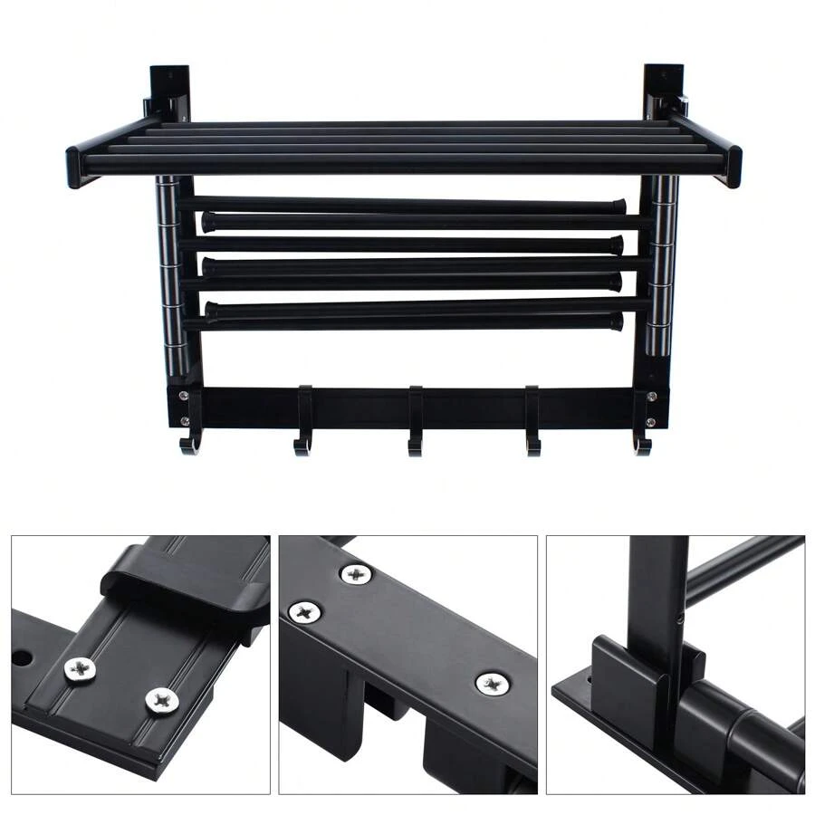 Laundry Clothes Drying Rack - Wall Mounted Swivel Towel Rack - With Hooks And Swing Arms - Space Saver In Laundry Room And Bathroom - Space Aluminum - Black - View 1