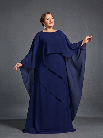 Faeriesty Mosy Round Neck Bat Wing Sleeves Layered A-Line Maxi Dress For Plus Size Bride Moms, Perfect For Wedding Mother Of The Bride, Formal Receptions, Church Ceremonies, Banquet Parties, And Family Gatherings.