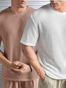 Kit 2 Oversized Casual Basic Plain Straight T-Shirt Caramel/Multicolor - 白色 - 查看 1