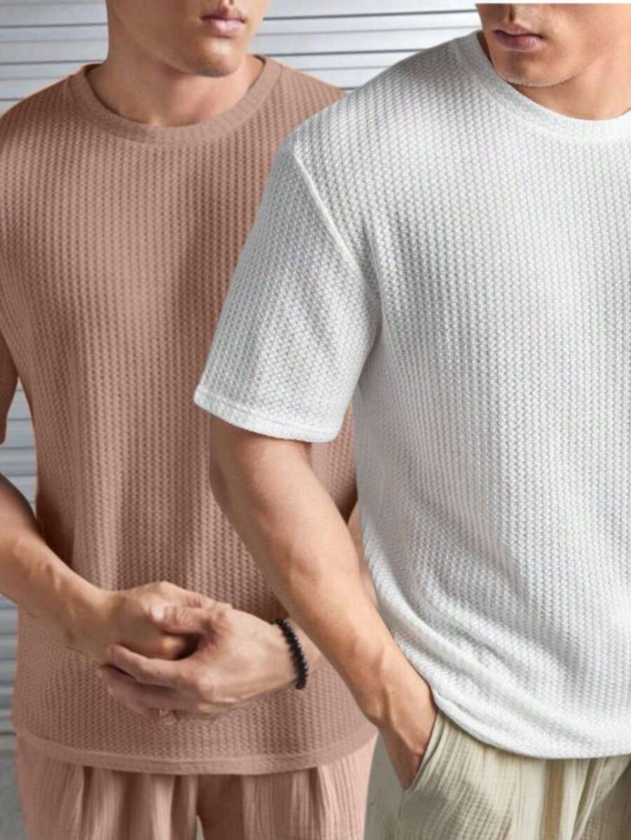 Kit 2 Oversized Casual Basic Plain Straight T-Shirt Caramel/Multicolor - 白色 - 查看 1