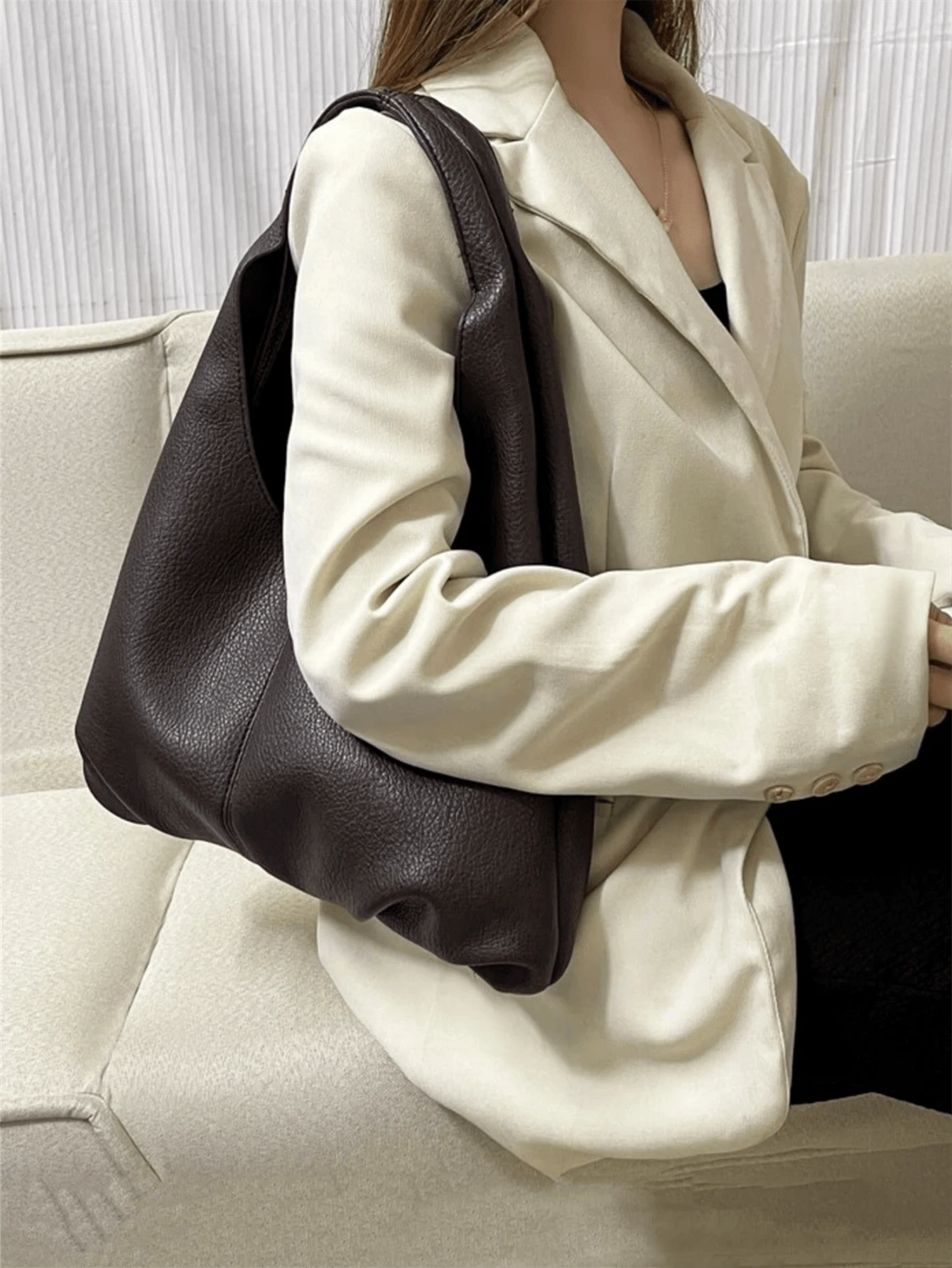 Dedoo 1件纯色新款PU个性化日常通勤手提包，简约托特包，单肩包，腋下包，带模块化信封袋和零钱包 - 咖啡棕 - 查看 1