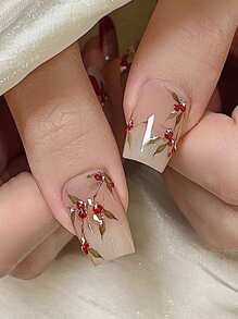 Unghii elegante cu model de floare de fasole roșie - formă medie de balerină, finisaj lucios, design floral ombre, potrivite pentru femei și fete. - Multicolor - Vizualizare 1