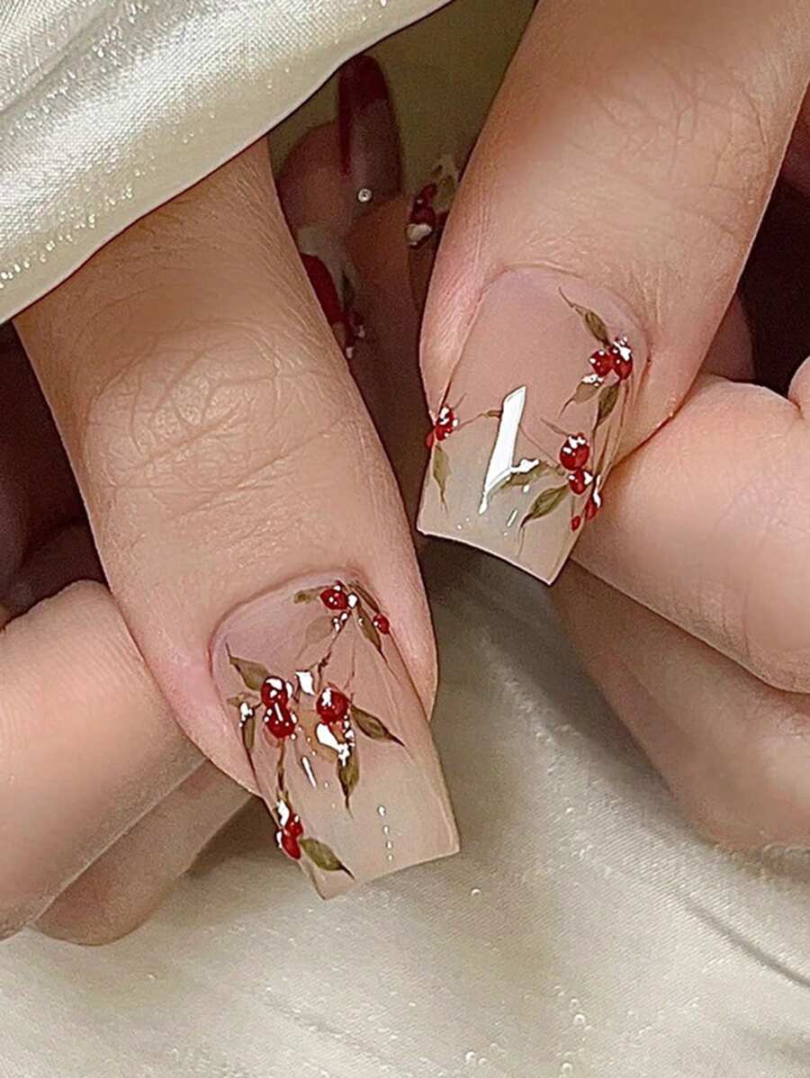 Unghii elegante cu model de floare de fasole roșie - formă medie de balerină, finisaj lucios, design floral ombre, potrivite pentru femei și fete. - Multicolor - Vizualizare 1