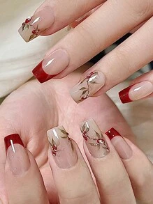 Unghii elegante cu model de floare de fasole roșie - formă medie de balerină, finisaj lucios, design floral ombre, potrivite pentru femei și fete. - Multicolor - Vizualizare 2