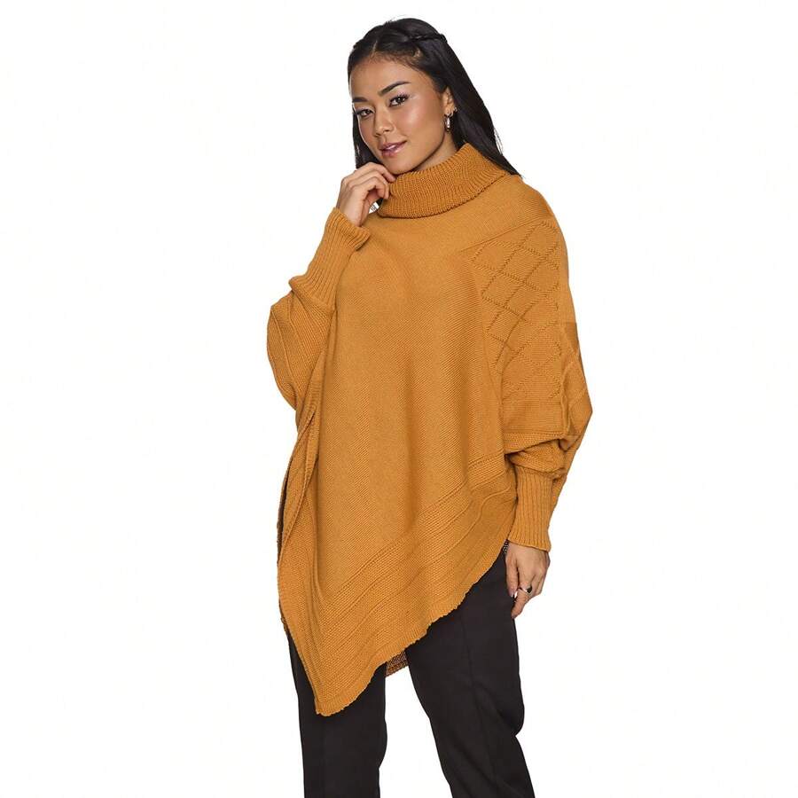 Knitted Poncho Boba Collar Elegant Blouse - 芥末黃 - 查看 1