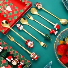 6pcs Christmas Gift Fork And Spoon Set, Stainless Steel Creative Flatware, Coffee, Tea And Dessert Fork And Spoon Gift Set