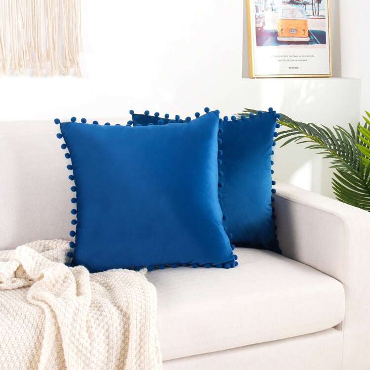 Elegant Comfort 2 Piece Pom-Pom Velvet Cushion Cover - Pillow Covers - Royal Blue - View 11