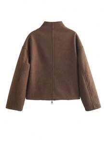 女士休闲羊毛夹克春秋冬季纯色运动拉链双滑块上衣短外套 - 咖啡棕 - 查看 8