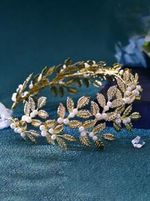 Gold Bridal Headband, Bohemian Alloy Leaf Floral Wreath, Handmade Woven Elegant Soft Wedding Hair Accessories, Bridal Gown Decor - Gold - View 4