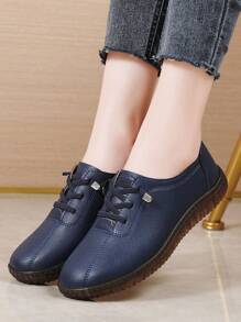 Women's Navy Blue Comfortable Casual Shoes, Elastic Band Round Toe Fashion Retro Slip-On Flat Sneakers With Non-Slip Soft Bottom