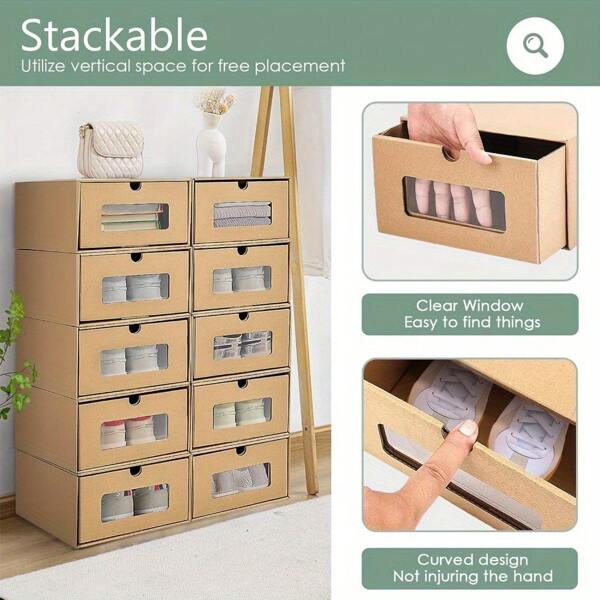 10Pcs Cardboard Storage Shoes Boxes Drawer Type Foldable Storage With Visible Window Cardboard For Shoes File Dress Or Toys Storage