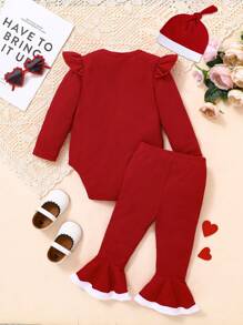 3pcs/Set Baby Girls First Christmas Outfit, Long Sleeve Bodysuit With Ruffle, Flared Pants And Hat, Red Christmas Clothes