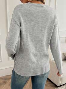 New Design Women's Fashion Minimalist Round Neck Drop Shoulder Long Sleeve Sweater - Grey - View 2
