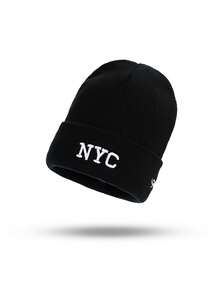 1 pieza Gorro de punto unisex de moda en negro y blanco con patrón bordado de cara triste y letra - Multicolor - Ver 10