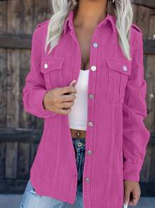 Women's Solid Color Corduroy Flap Pocket Shirt,Long Sleeve Tops