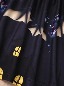 1 件女童休闲黑猫和蝙蝠图案柔软针织圆领盖袖连衣裙套装，秋冬 - 黑色 - 查看 5