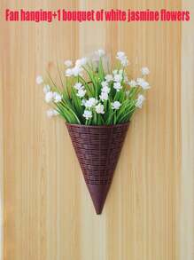 1 pieza Cesta colgante de flores artificiales en forma de abanico, macetero de pared de ratán triangular, canasta colgante de decoración interior para arreglo floral