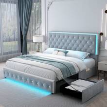 SIBEDS Queen Upholstered RGB LED Platform Bed Frame With Storage Drawers, Crystal Tufted Headboard, Velvet Gray - 絲絨灰 - 查看 1