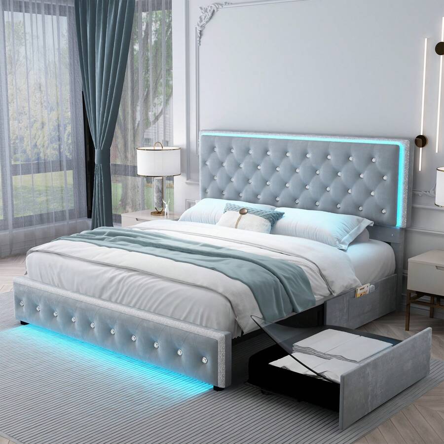 SIBEDS Queen Upholstered RGB LED Platform Bed Frame With Storage Drawers, Crystal Tufted Headboard, Velvet Gray - 絲絨灰 - 查看 1