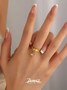 1 pieza Anillo con colgante de sol de acero inoxidable con baño de oro de 18K, de diseño geométrico abierto, anillo para mujer, mejor regalo de amigas