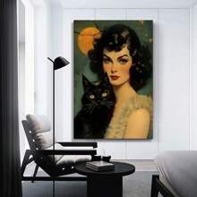1 Pc Unique Wrapped Wooden Frame Canvas Poster, Vintage Witch Holding Her Cat Under The Full Moon Of Halloween Canvas Wall Art Home Decor, Elegant Poster Wall Decorative Living Room Bedroom Kitchen Office Cafe Ready To Hang Wooden Frame,Posters,Stickers,Wall Art,Spring Decoration Items Refesh Your Home,Rama Decoration Stickers