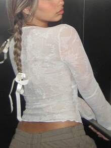 女士时尚蕾丝修身长袖上衣性感Y2K度假街头风派对秋冬服装白色春季 - 白色 - 查看 5