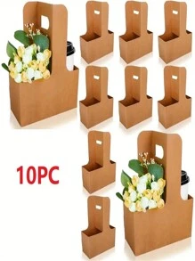 10pcs Rectangular Flower Packaging Bag, Gift Bag, Bouquet With Handle Kraft Paper Bag, Brown Flower Packaging Box, Suitable For Valentine's Day, Mother's Day, Wedding Party Decoration, Suitable For Florist - Brown - View 8