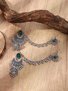 2pcs 2024 New Bohemian Style Women Jewelry Earrings - 1 Pair Vintage Finish Zinc Alloy Earrings With White/Black/Green Rhinestones & Faux Pearl Beads Tassel Design, Perfect For Daily Wear And Gifting
