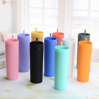 High-Quality Double Layer Plastic Cup, Matte Rubber Paint Water Bottle, Reusable Straight Straw Cup, 480ml/16oz Unisex Office Water Bottle, Tumbler, Coffee Cup. Suitable For Office, Restaurant, Outdoor, School, Birthday, Mother's Day, Holiday Gifts