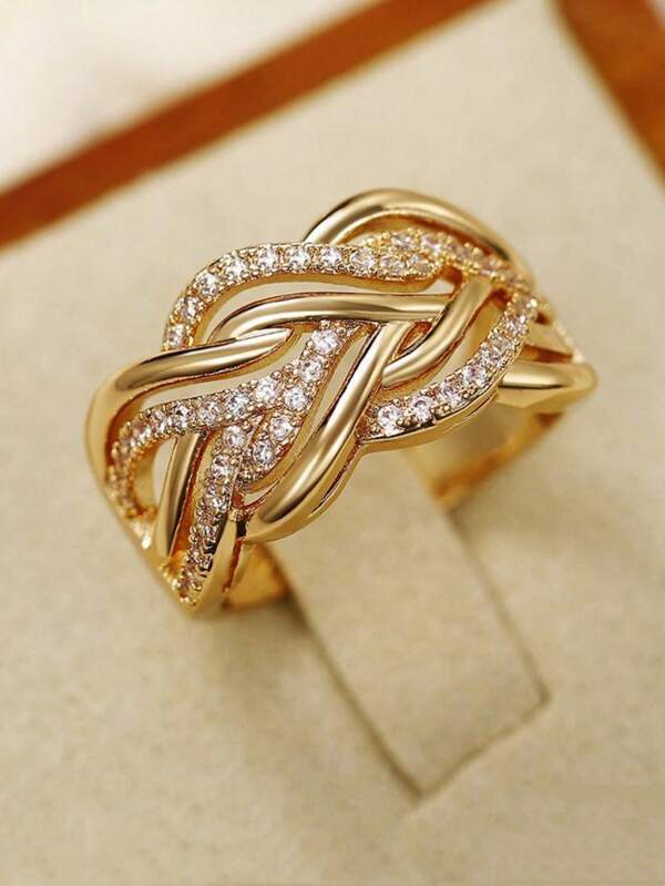 1pc Fashionable Wide Copper Ring With Micro Pave Zirconia Stone, Daily Wear, Engagement, Wedding, Valentine's Gift For Women,Mom,Mother,Mother's Day,Gift