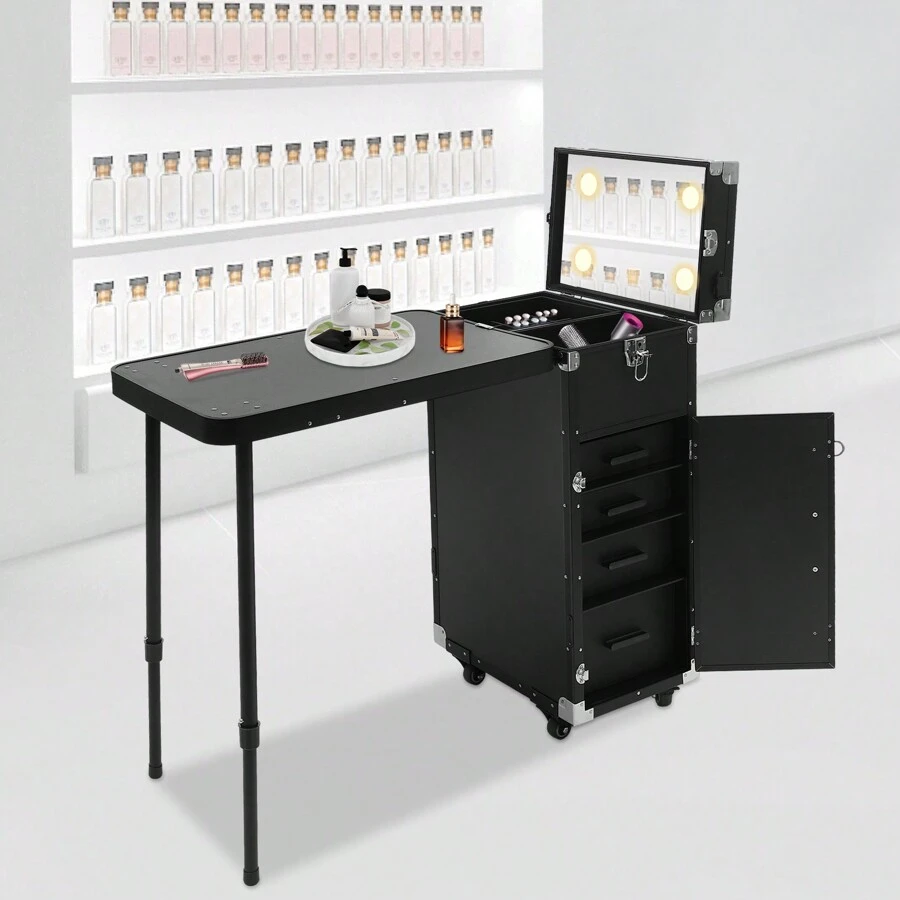 4-Drawers Table Makeup Case With Wheels , Rolling Foldable Nail Desk Cosmetic Storage Organizer, Travel Mobile Makeup Artist Trolley - Nhiều màu - Xem 1