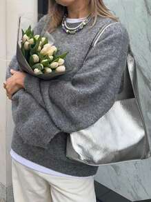 FOR BEAUTY Autumn And Winter New Solid Color Simple Round Neck Long Sleeved Daily Casual Lazy Style Knitted Sweater Knit Top, Fashion Loose And Warm Commuting Style Sweater Jumpers For Women Pullover New Year