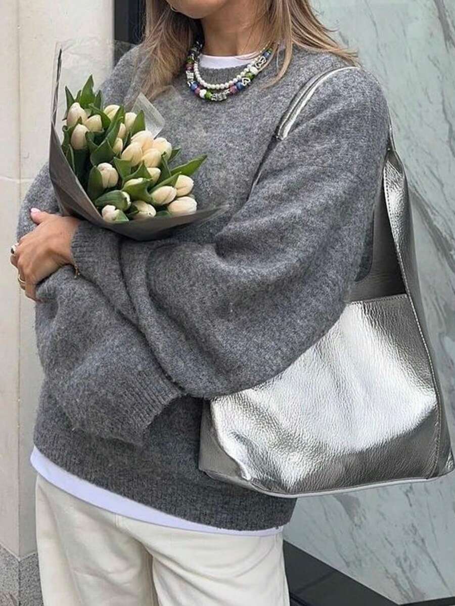 FOR BEAUTY Autumn And Winter New Solid Color Simple Round Neck Long Sleeved Daily Casual Lazy Style Knitted Sweater Knit Top, Fashion Loose And Warm Commuting Style Sweater Jumpers For Women Pullover New Year