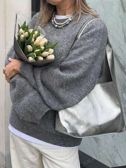 DLA PIĘKNA Wiosna/Jesień Nowy Jednolity Kolor Prosty Okrągły Dekolt Długi Rękaw Dzianinowy Sweter Dzianinowy Top, J Moda Luźny I Ciepły Styl Dojazdów Do Pracy Swetry Dla Kobiet