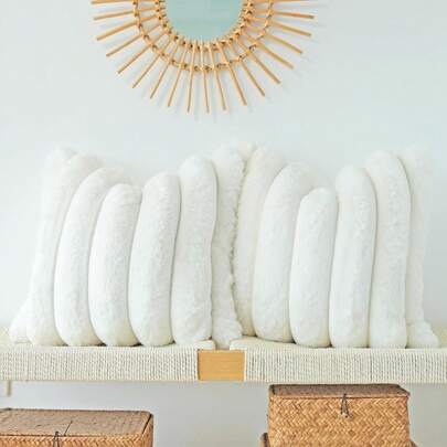 1个纯色靠垫套（不含枕芯），柔软仿毛皮大条纹装饰枕套，适用于客厅沙发