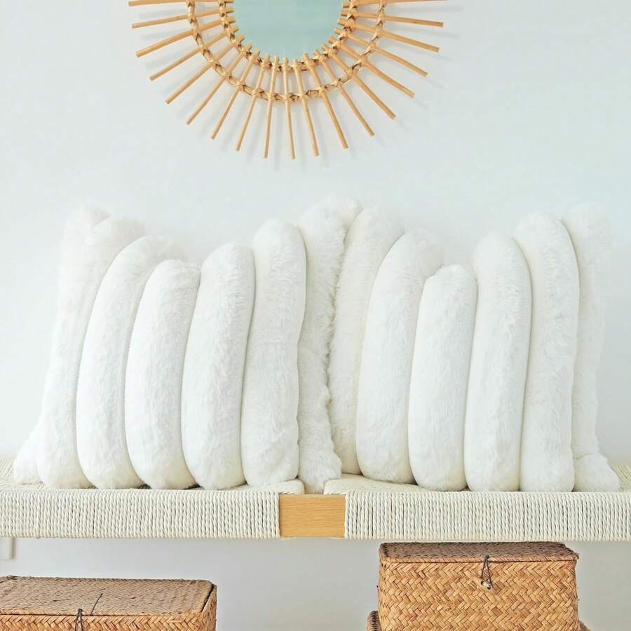 1个纯色靠垫套（不含枕芯），柔软仿毛皮大条纹装饰枕套，适用于客厅沙发