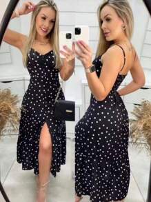 Long Crepe Dress With Padded Bra And Buttons - Black and White - View 1
