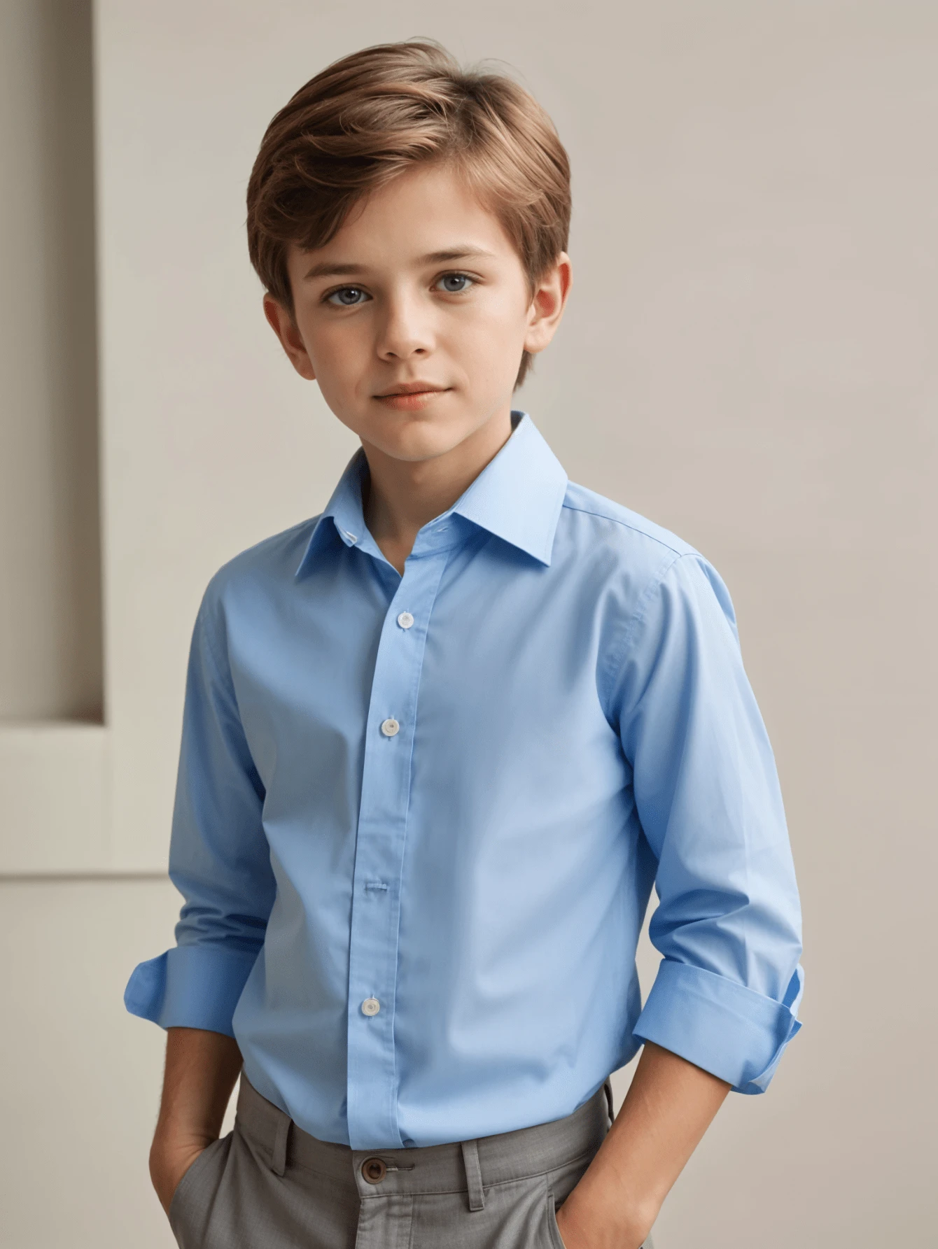 Children's White Long Sleeve Button Down Shirt 100% Cotton - Baby Blue - View 1